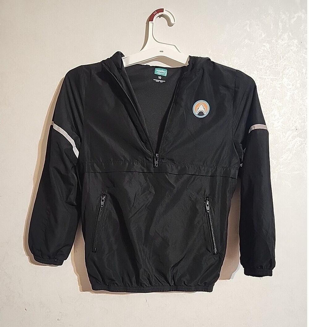 365 Kids Hooded Windbreaker 1/4 Zip Black sz 10 Boys Front Pockets